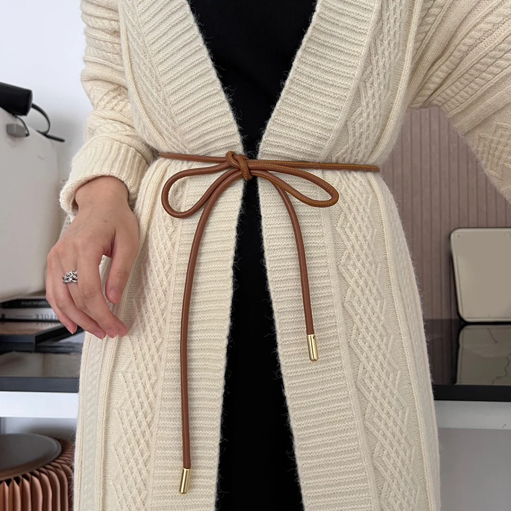 150/160cm Round Leather Thin Belt Women Decorative Bow Knot Waist Rope Knotted Vintage Dress Coat Sweater String Strap Waistband