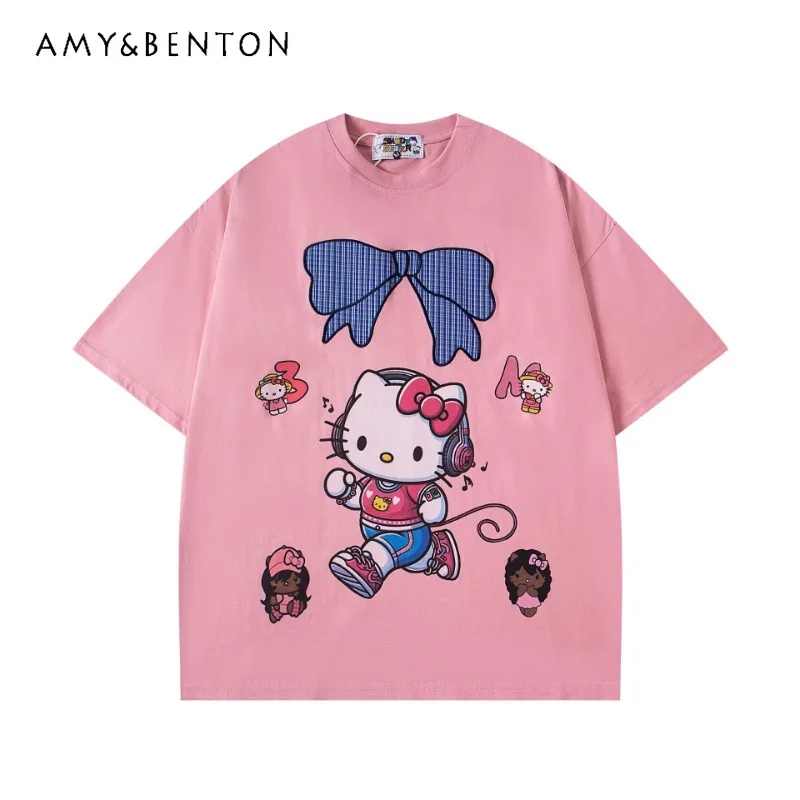 

2025 Summer New American Retro Women's Simple Short-sleeved T-shirt Pullovers Pink Loose Casual Sweet Cute O-neck Tshirts Ladies