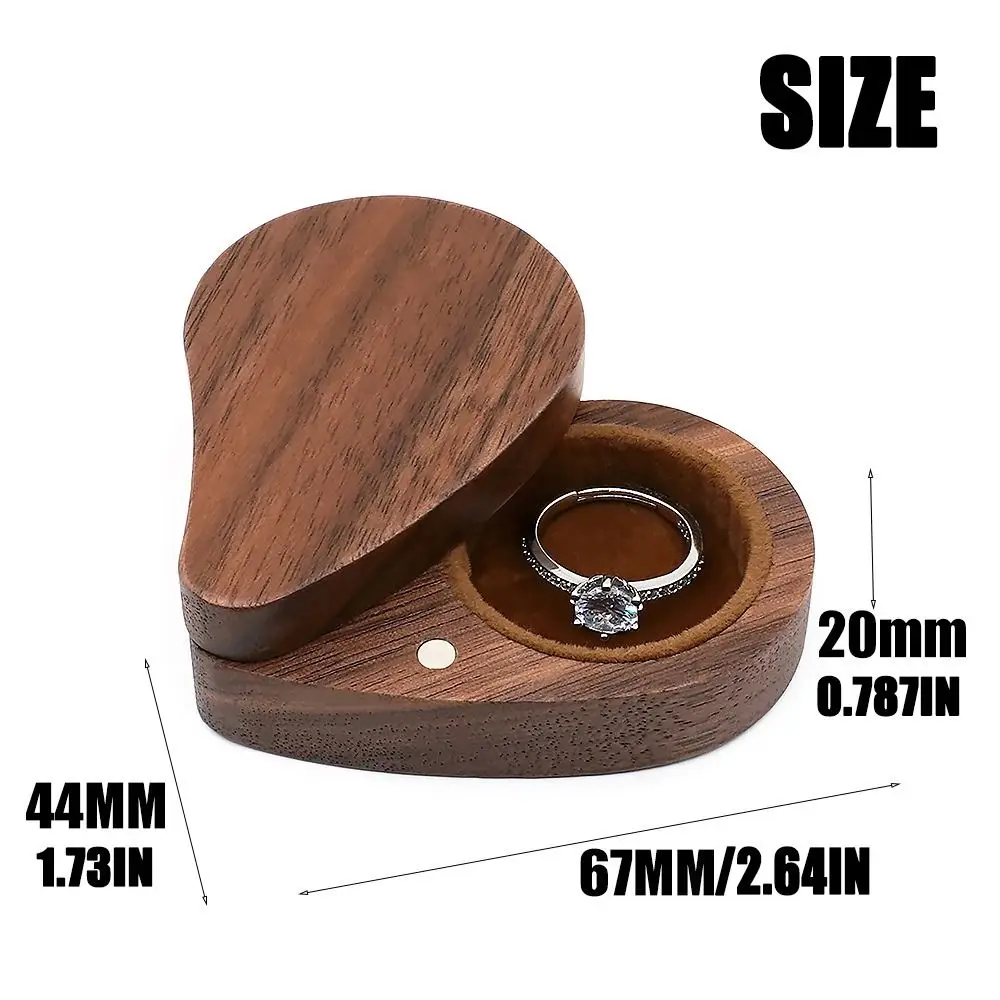 Heart Shape Engagement Ring Box Walnut Wood Magnetic Cover Earring Storage Box Durable Reusable Wooden Jewelry Box Ear Stud