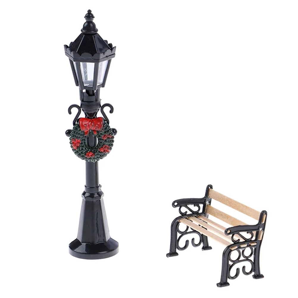 

ABWE-2Pcs 1/12 Dollhouse Miniature Christmas Park Street Lamp & Bench Garden Decor Garden Furniture Miniature Decor