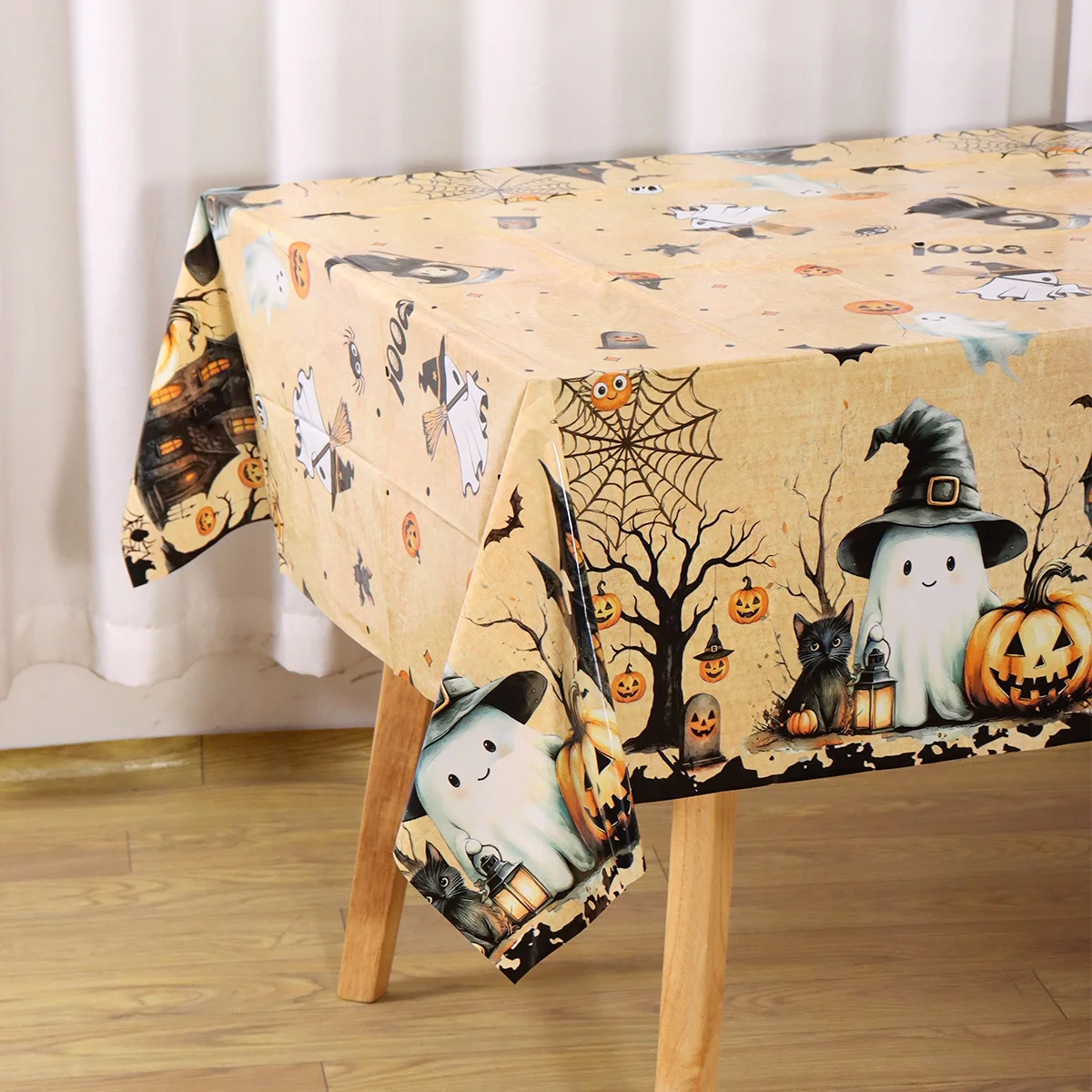 1 Stück Halloween-Tischdecke mit Gruseligen Geistermotiven, Einweg-Plastiktischdecke, Gruselige Spukhaus-Halloween-Tischdekoration – Detail 3