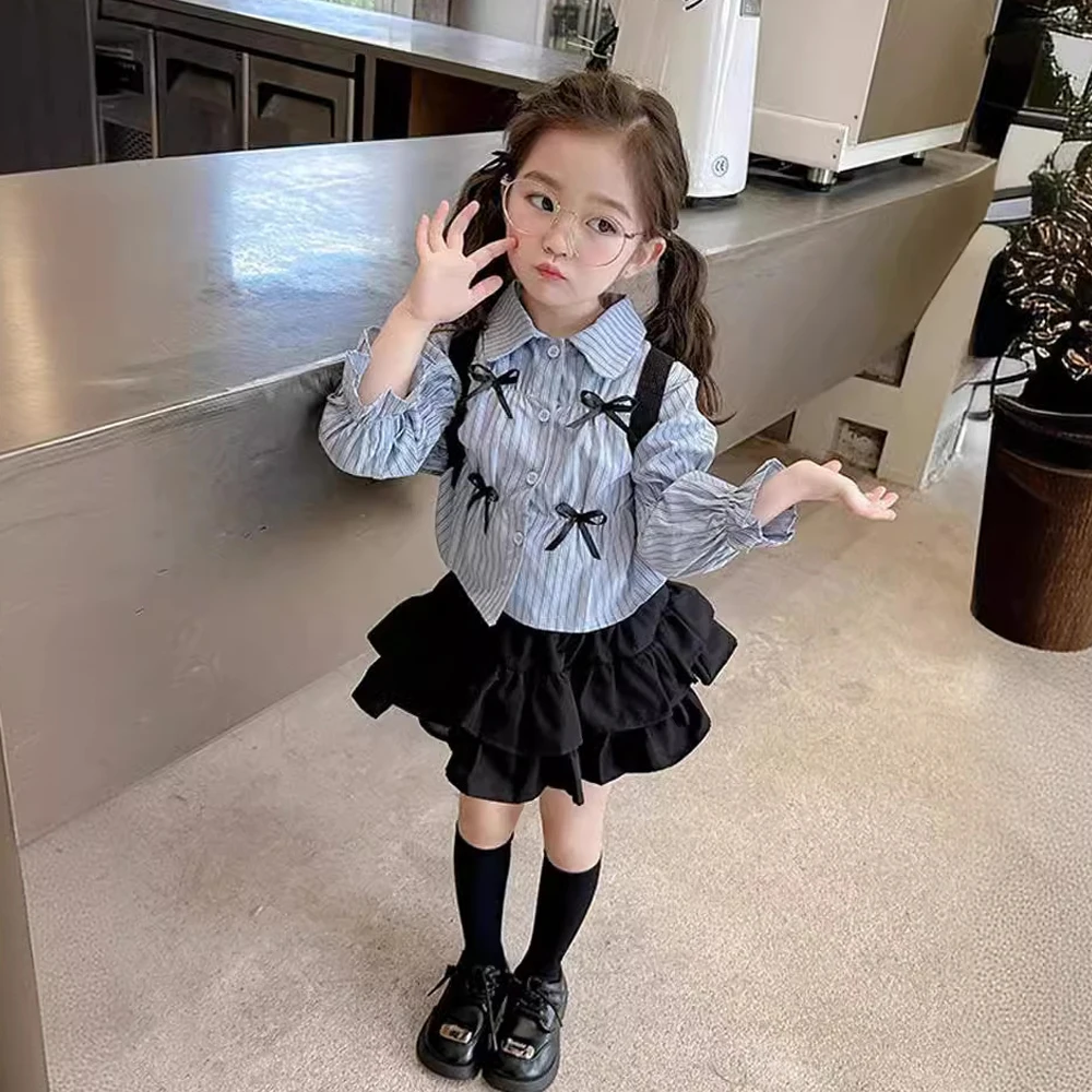 Girls\' Shirt half Skirt Set 2024 Summer New Children\'s Long Sleeve Bow Striped Shirts Black Elastic Waist A-line Cake Skirts