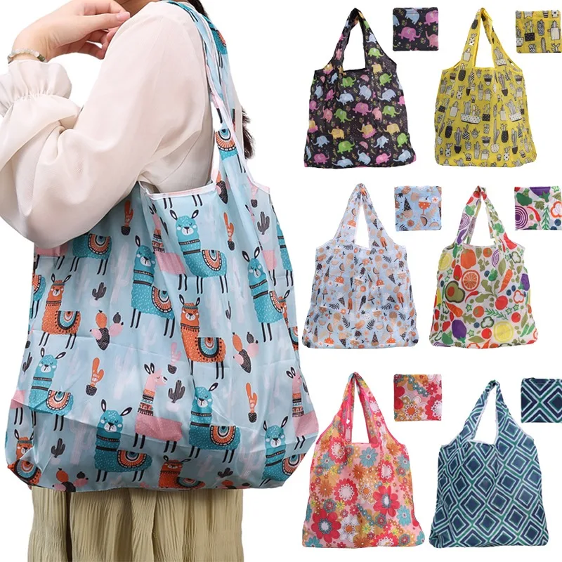 

Large Shopping Bag Reusable Foldable Supermarket Shopping Bags Eco-Friendly Handbag Cute Animal Plant Printing Portable Tote Bag