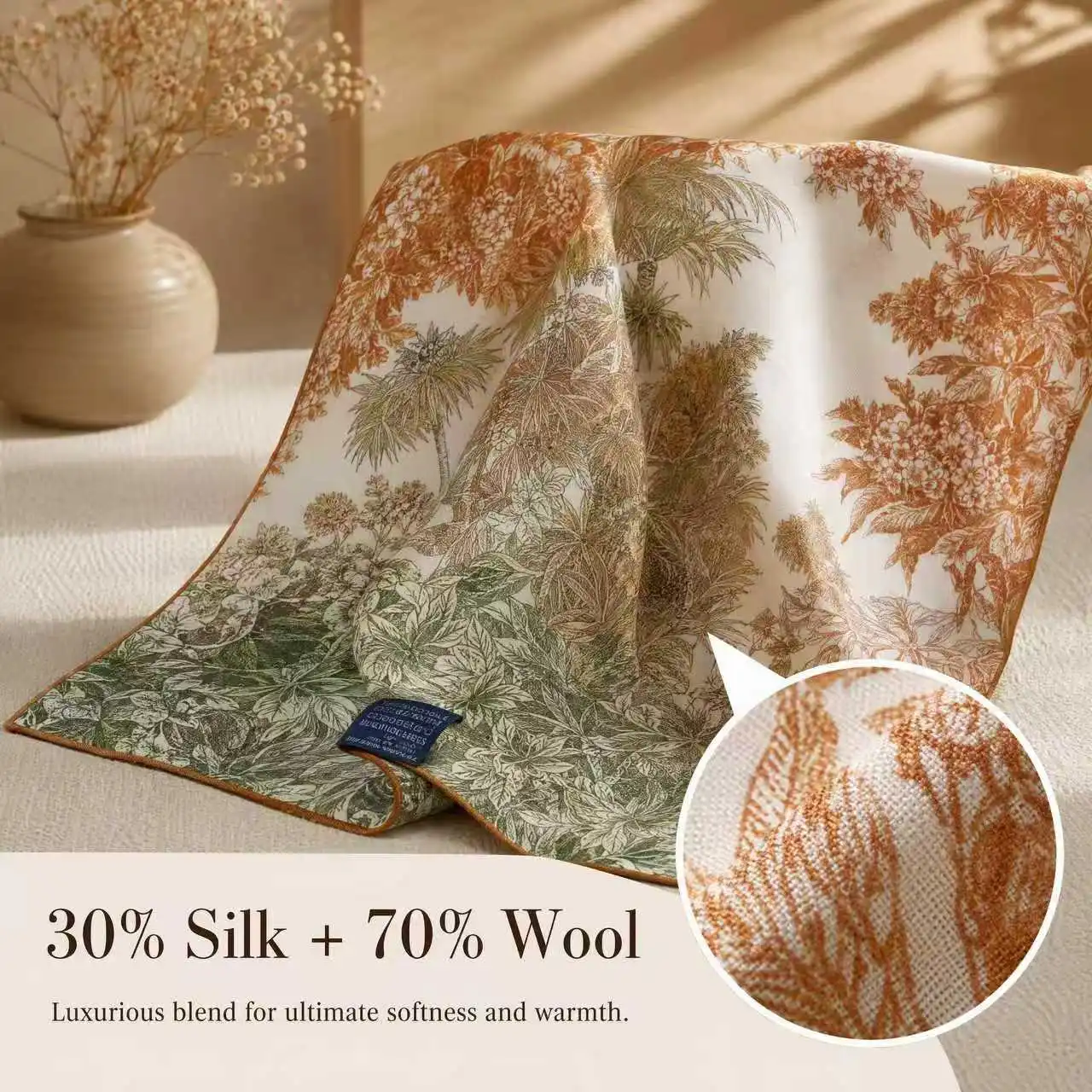 Luxury 30% Silk 70% Wool Scarf for Women Retro Botanical Print Warm Shawl Wrap Elegant Neck Kerchief Office Commute Gift Bandana