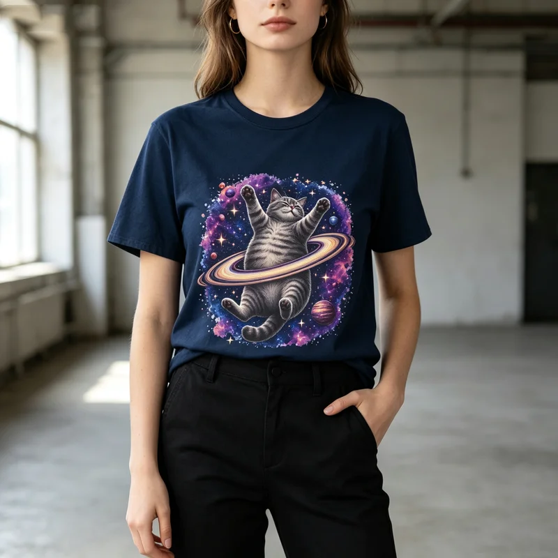 Space Ring Cat Graphic T Shirt Galaxy Saturn Cat Print Mens Womens Cotton Crew Neck Casual Y2k Top Harajuku Oversized T Shirt