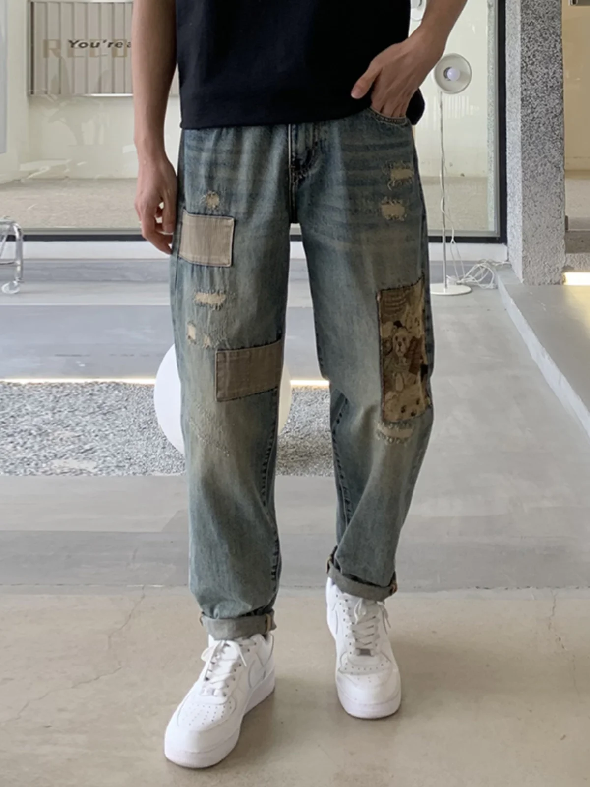 

American High Street Sle Men's Casual Jeans Distred Patchwork Hole Personali Loose Straight Retro Trendy Long Pants