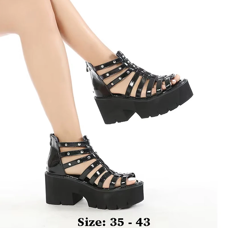 

High quality summer thick soles patent leather sandals for women 8cm high heel 2025 35 43 platform open toe fashion shoe black