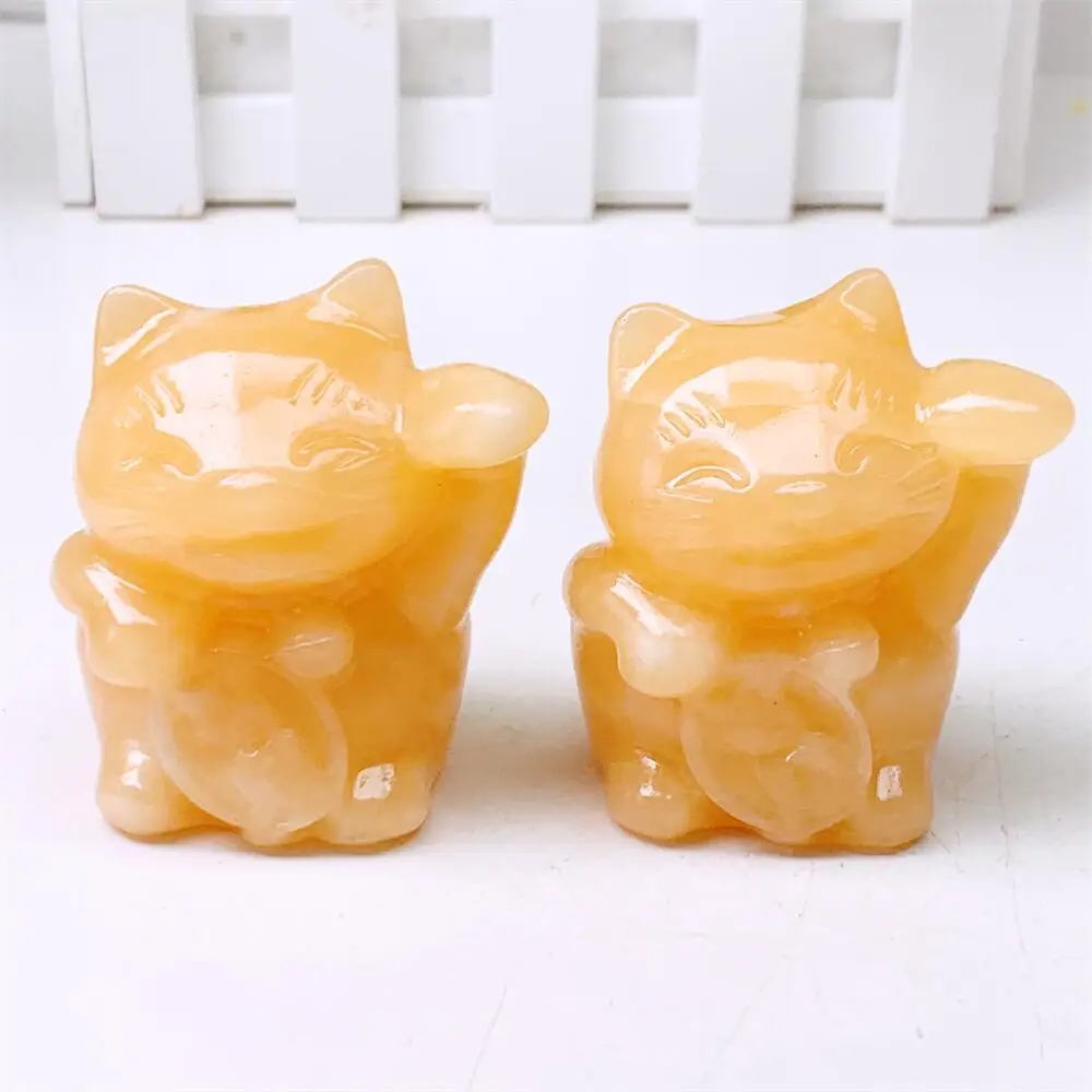 

5.4MM Natural Yellow Calcite Cartoon Fortune Cat Carving Quartz Healing Crystal Stone Cute Birthday Present Home Decoration 1PCS