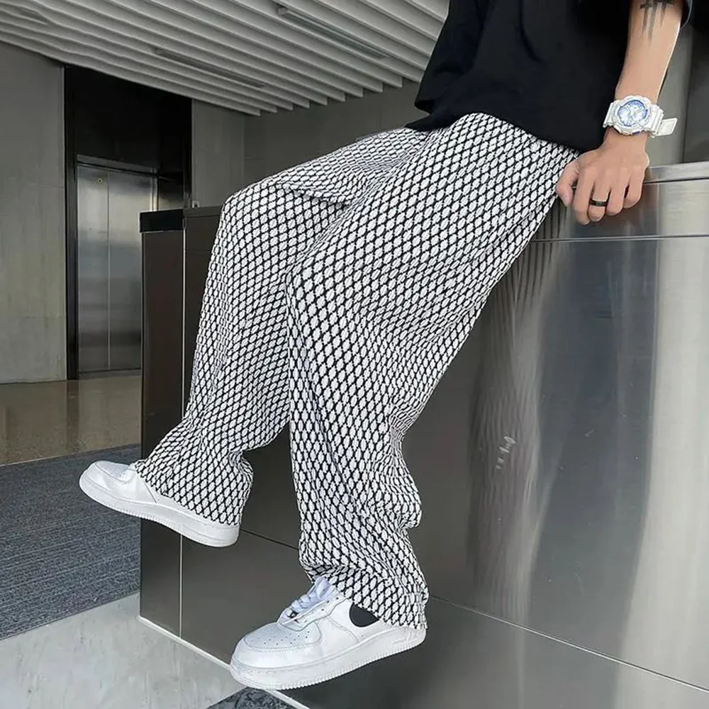 

Mens Trousers Contrast Plaid Pleated Ice Silk Pants Trendy Streetwear Loose Advanced Leisure Straight Pant Mens Wear Summer 2024