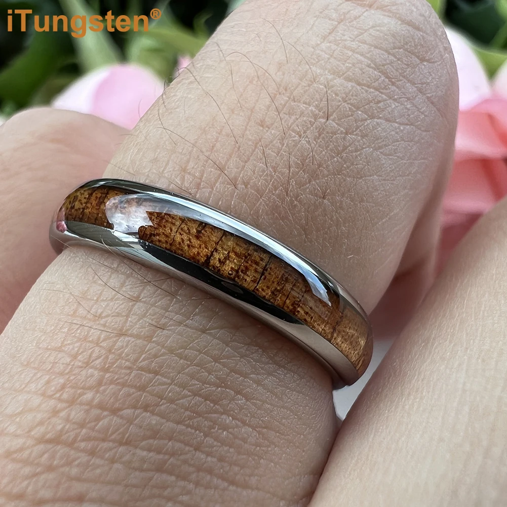 iTungsten 4mm Men Women Koa Wood Ring Nice Tungsten Wedding Band Domed Polished Trendy Jewelry Comfort Fit