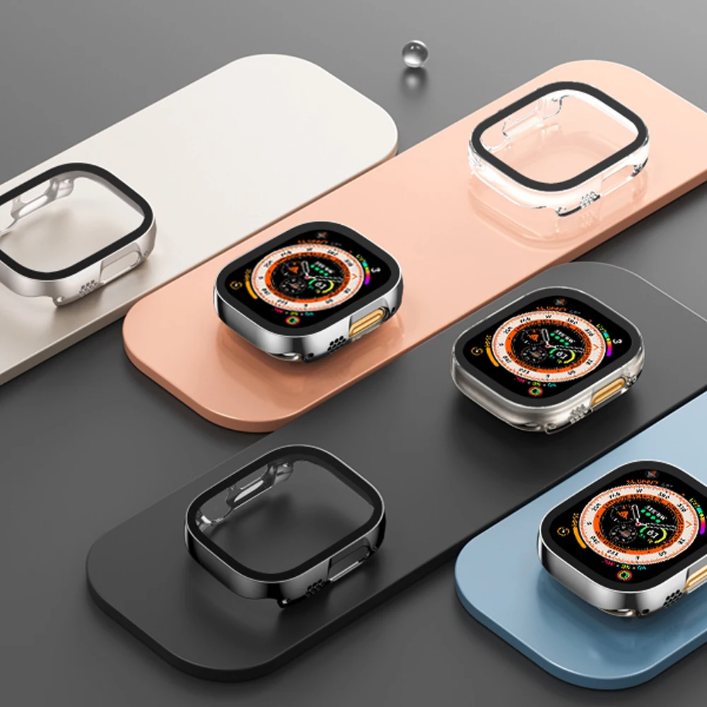 Displayschutzfolie für Apple Watch Case Ultra 2 3 49 mm, Zubehör, gerade Kante, schützende PC-Stoßstange + iWatch-Abdeckung aus gehärtetem Glas