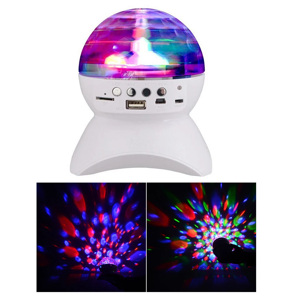 

Mini Led Wireless Colorful Rotating Stage Light Fm Usb Stereo Dj Speaker Card Mp3 Player Audio Light For