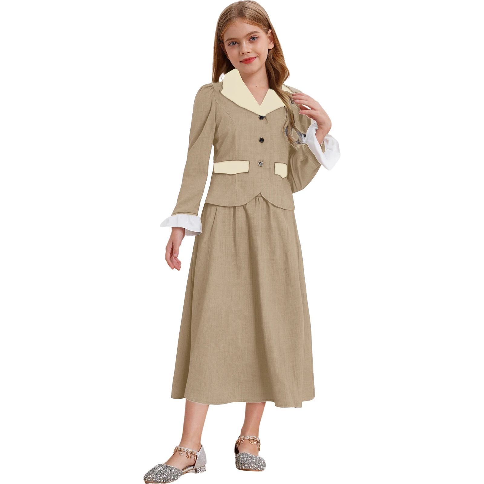 

2Pcs Girls Victorian Suit Kids Victorian Governess English Nanny Costume Outerwear Coat+Skirt Set Pioneer Halloween Costumes