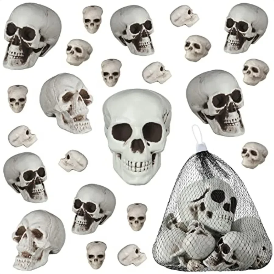 

Halloween Skeleton Head Size Mini Plastic Skull Props Realistic Looking Skulls Human Skeleton with Net Bag for Halloween Party