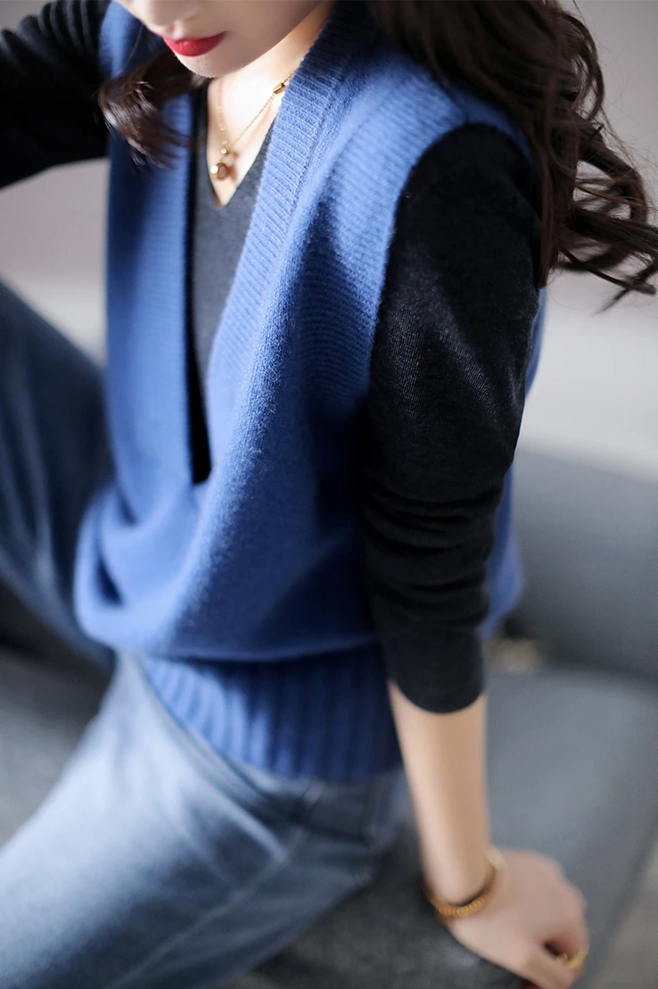 

Свободный вязаный шерстяной жилет, женский свитер с v-образным вырезом, осень-зима, повседневная модная однотонная верхняя одежда для поездок на работу