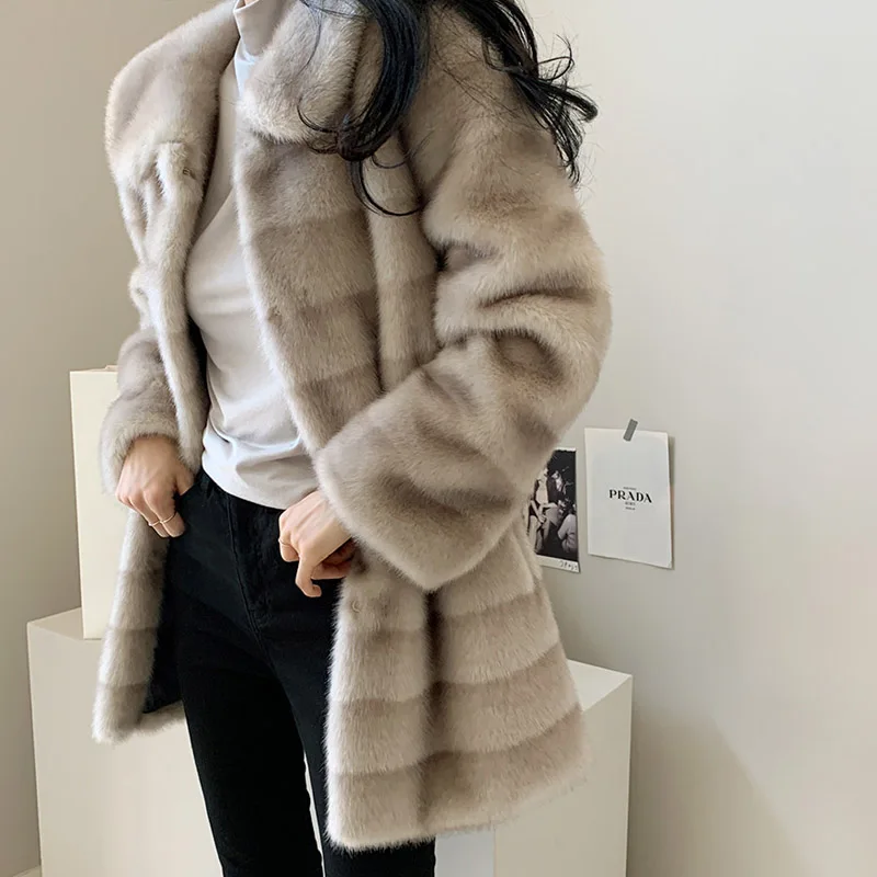 Long Jacket Women Winter 2024 Femme Veste Faux Fur Coat Gradient Mink Turn-down Collar Stripe Clothes Warm Soft Furry Overcoat