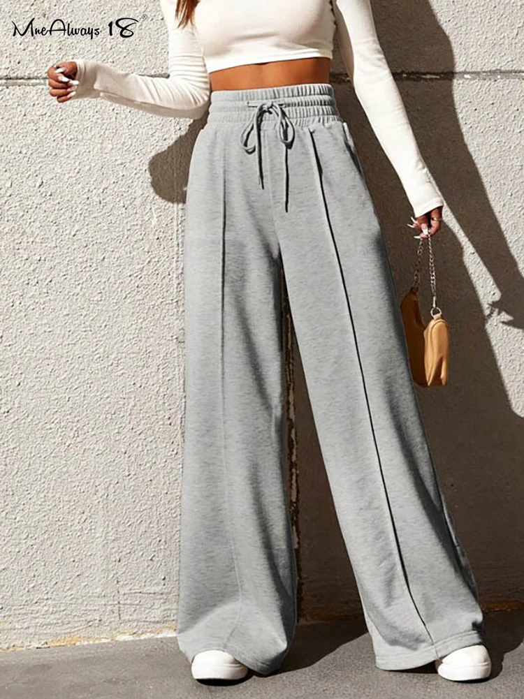 Mnealways18 New Straight Casual Street Baggy Pants Women Pleated Drawstring Wide Leg Pants Outdoor Solid Sporty Pant Trendy 2024