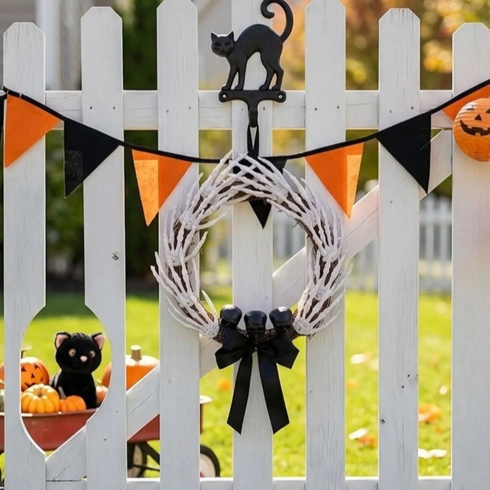 Dark Style Halloween Skeleton Hand Wreath White Bones Black Ribbon Halloween Artificial Wreath Black Bow Hand Bone Door Hanging