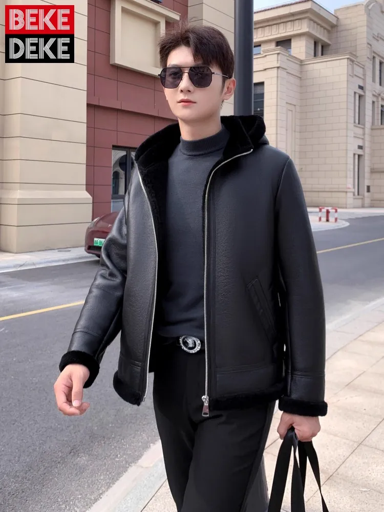 

Мужская куртка высшего качества с подкладкой из натуральной шерсти, зимние теплые куртки с капюшоном, шапка, съемная верхняя одежда, повседневная осенняя молния, черное пальто