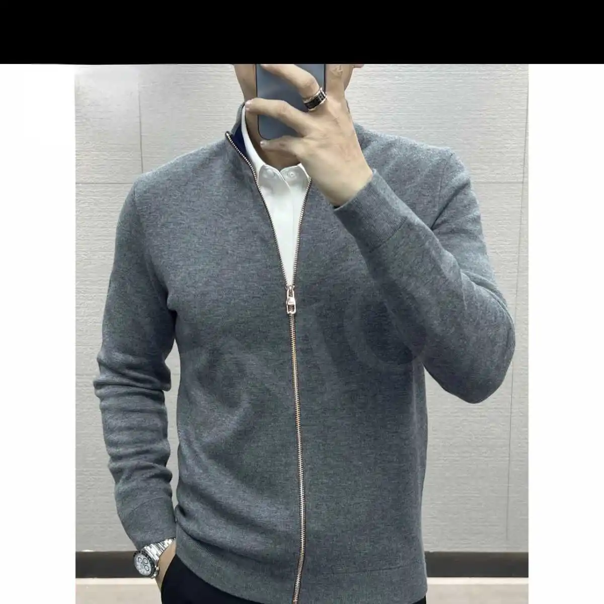 

Мужской приталенный вязаный кардиган Ele на молнии с воротником-стойкой, однотонный, с длинными рукавами, осенне-зимний топ