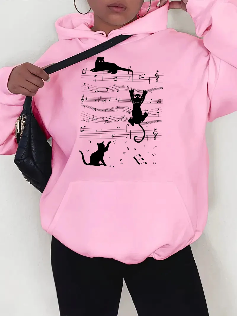 

Kawaii Music Cat Design Толстовки с карманами и принтом Одежда Женские повседневные толстовки с капюшоном Графическая готическая уличная одежда Y2k