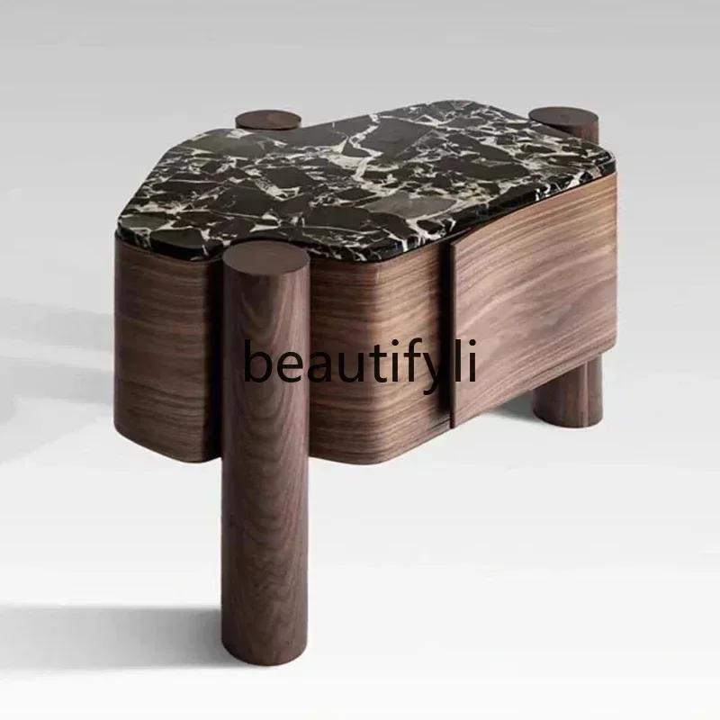 ZJ53Light luxury natural, black luxury stone edge few black walnut bedside table Italian minimalist villa bedroom bedside table8