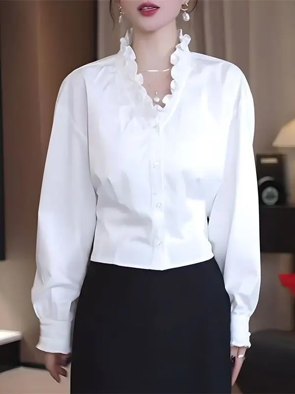 

Белый деревянный длинный винтажный топ в стиле ретро с v-образным вырезом, женский модный утягивающий топ, повседневный свободный топ для защиты от возраста, осеннее новое поступление