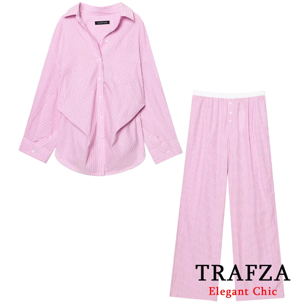 

TRAFZA Cute Pink Blue Striped Women's Suit Lapel Buttons Oversize Shirt Or Long Pant 2025 Spring Summer Casual Holiday Mujer Set