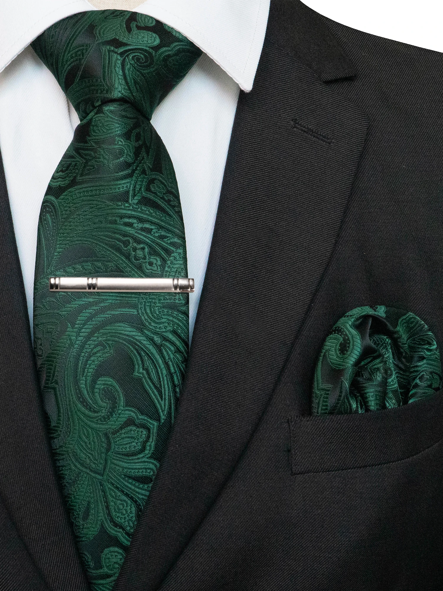 KAMBERFT Klassische Herrenkrawatte mit Krawattenklammer und Einstecktuch, 3-teiliges Set für Büro, Hochzeit, Party – Detail 11