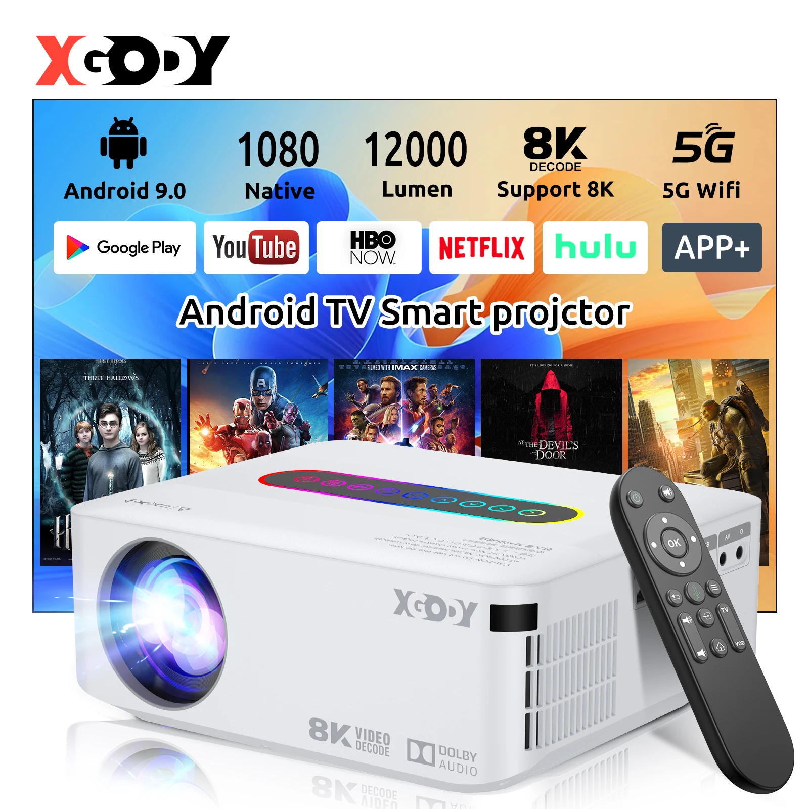 XGODY Real 4K 1080P HD Projektor 12000 Lumen Full HD Beamer WiFi Bluetooth LED Heimkino HDMI