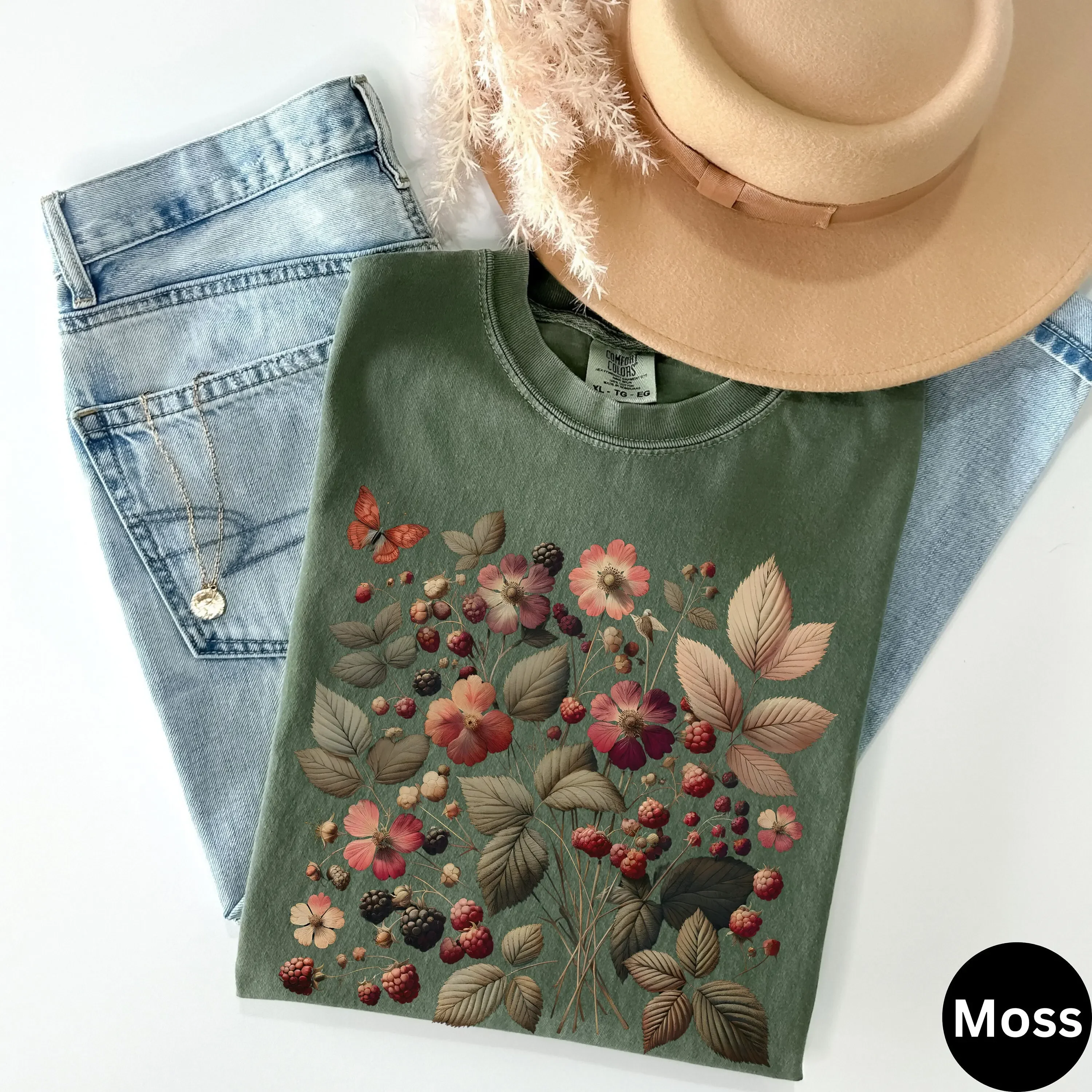 Camiseta de regalo para persona con flor silvestre de frambuesa, flor prensada Vintage, colores cómodos Retro, fruta, jardinería salvaje, naturaleza