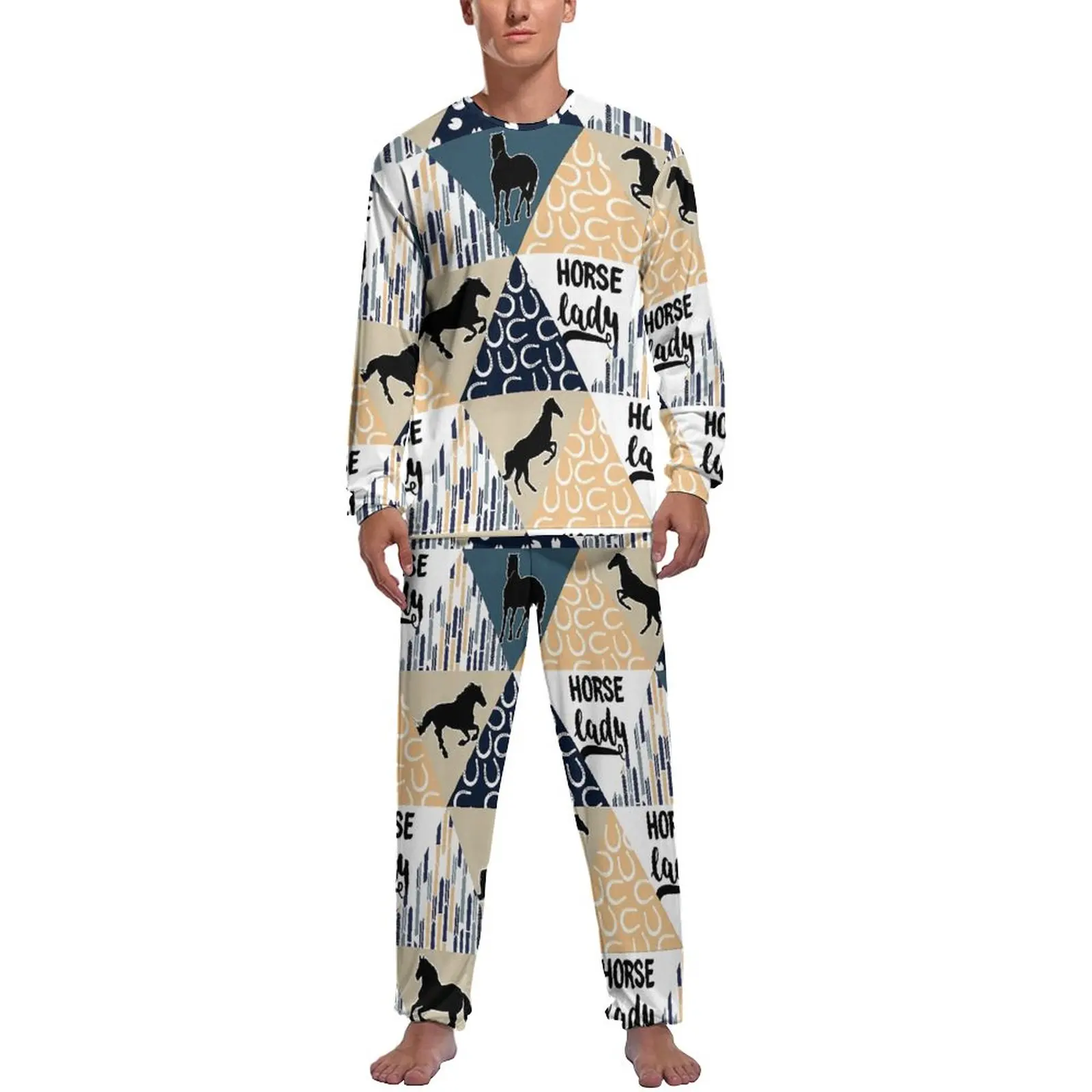 Horse Triangle Pajamas Autumn Two Piece Animal Print Romantic Pajamas Set Man Long Sleeve Night Graphic Home Suit