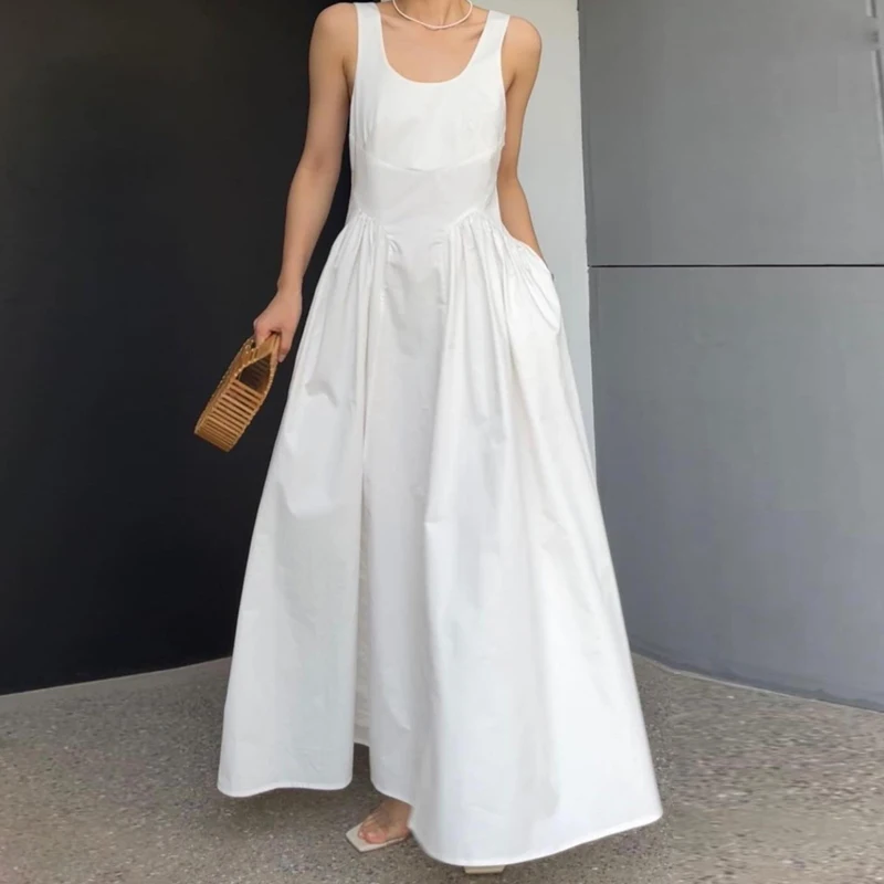 

Johnature Summer New Korean Version Strappy Fashionable Literary Dresses 2024 Simple Blackless White Slim Long Women Dresses