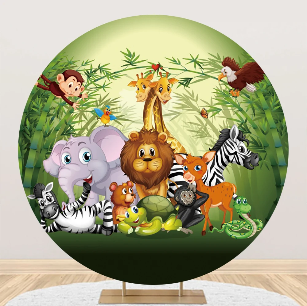 Laeacco Safari Birthday Round Background Tropical Jungle Animals Baby Shower Newborn Portrait Customized Photography Backdrop