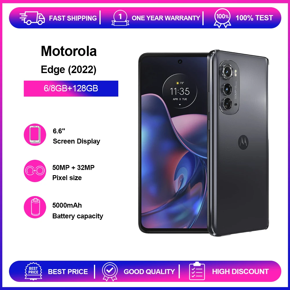 هاتف موتورولا إيدج (2022) XT2205 5G الأصلي بشاشة 6.6 OLED وذاكرة قراءة فقط 128 جيجابايت وذاكرة وصول عشوائي 6 جيجابايت وبصمة الإصبع