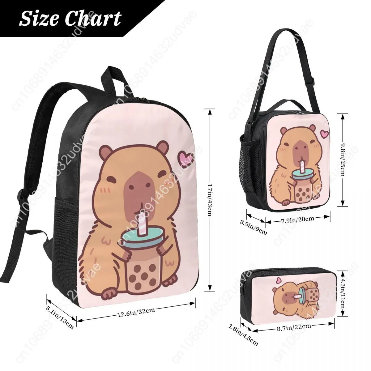 Cute Capybara Loves Drinking Bubble Tea Backpack Student Boys Girls BookBag School Bag 3ps Insulated Lunch Bag Pencil Case
