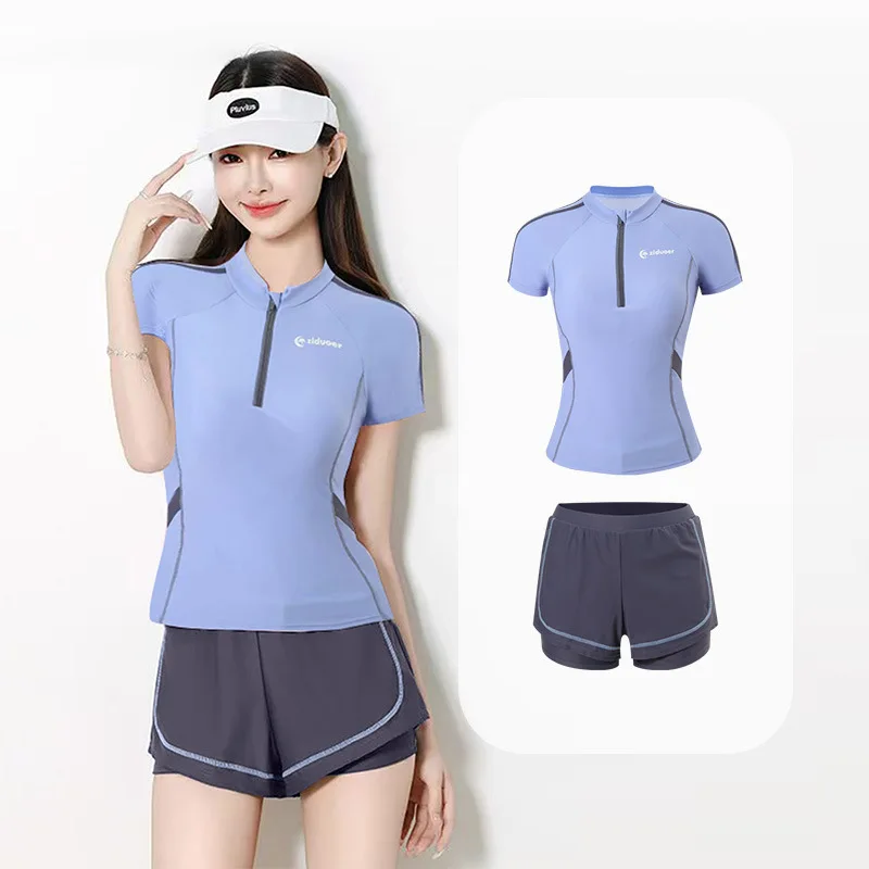

Women's Two-Piece Rash Guard Swimsuit with Boy Shorts Short Sleeve Zipper Design UV Protection Sun-Protective Bathing Swimwear