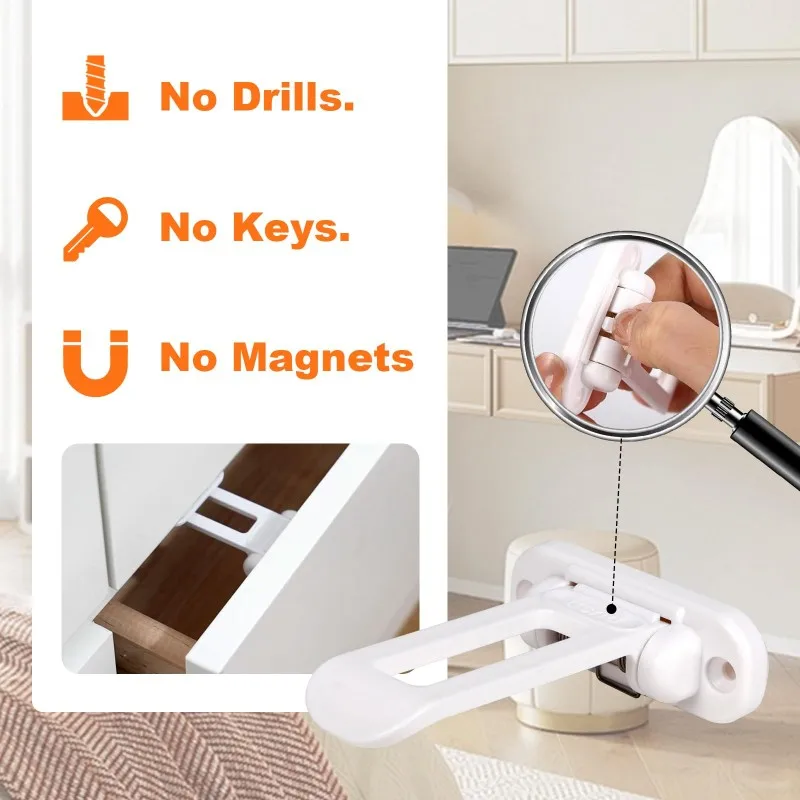 B05C-No Drill White Child Safety Locks 20-Pack-Invisible Drawer Locks For Baby-Proofing