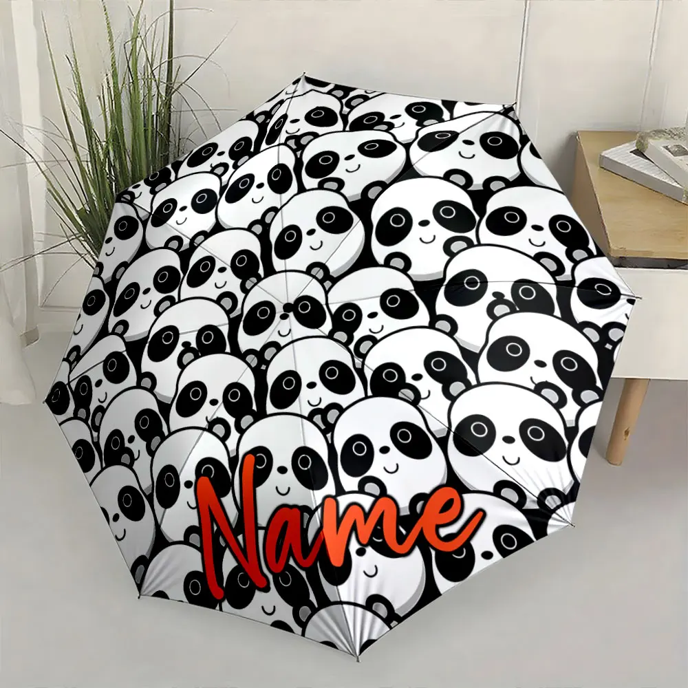Custom Name Umbrella Panda Pattern Umbrella Creates a Cute Scene Print 8 Iron Ribs Folding Umbrella Auto-Open Fashion Sunshade