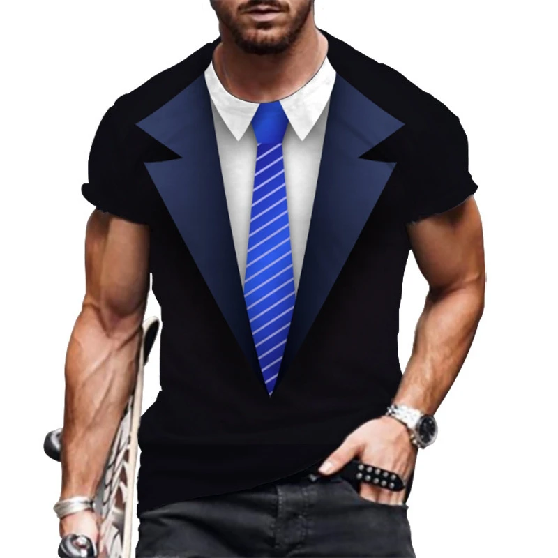 2022 Summer New Men\'s Short Sleeve T-Shirt Fake Suit Streetwear 3D Tank Top Fashion Funny Tuxedo Bow Tie 3D Print Top