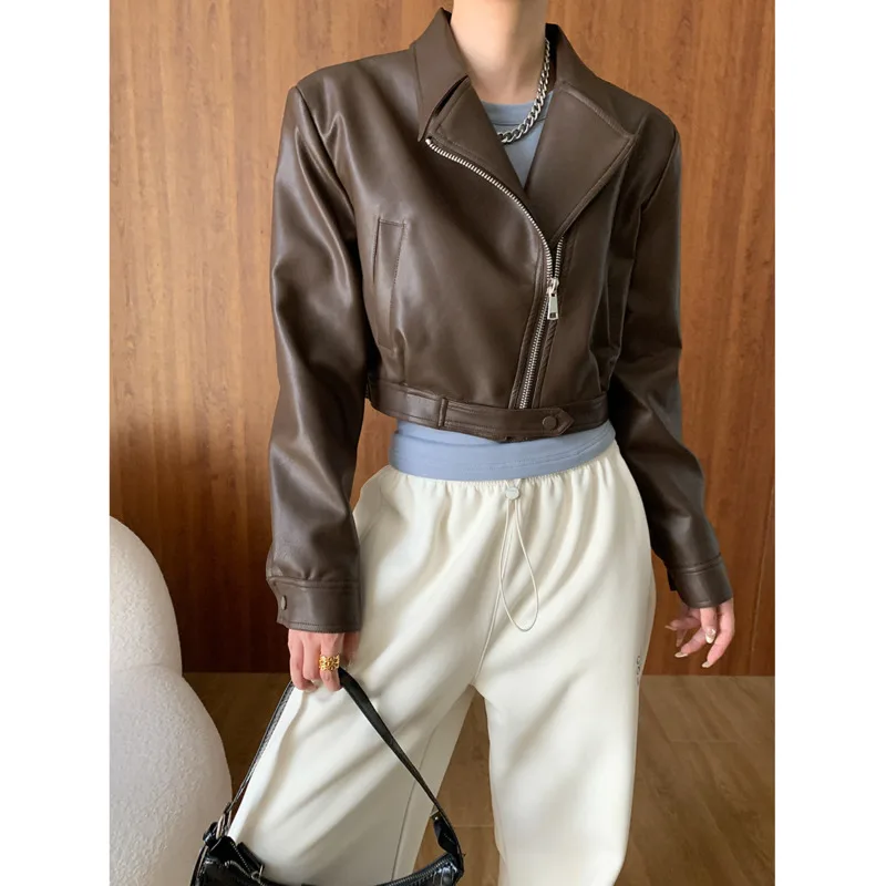 Autumn Short Pu Leather Jacket Lapel Collar Zipper High Waist Long Sleeve Streetstyle Coat