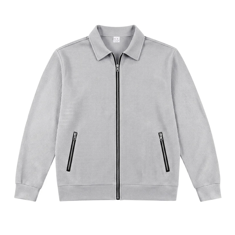 Herren Frühlings- und Herbstjacke aus Waffelstrick mit Reißverschluss, lässig, locker, leicht, mit Kragen, für den Alltag. – Detail 15