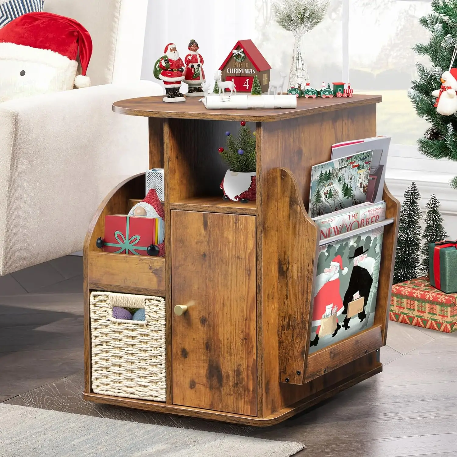 Rotating End Table with Storage, Side Table for Living Room, Magazine Holder & Cabinet, Farmhouse Style Rustic Brown