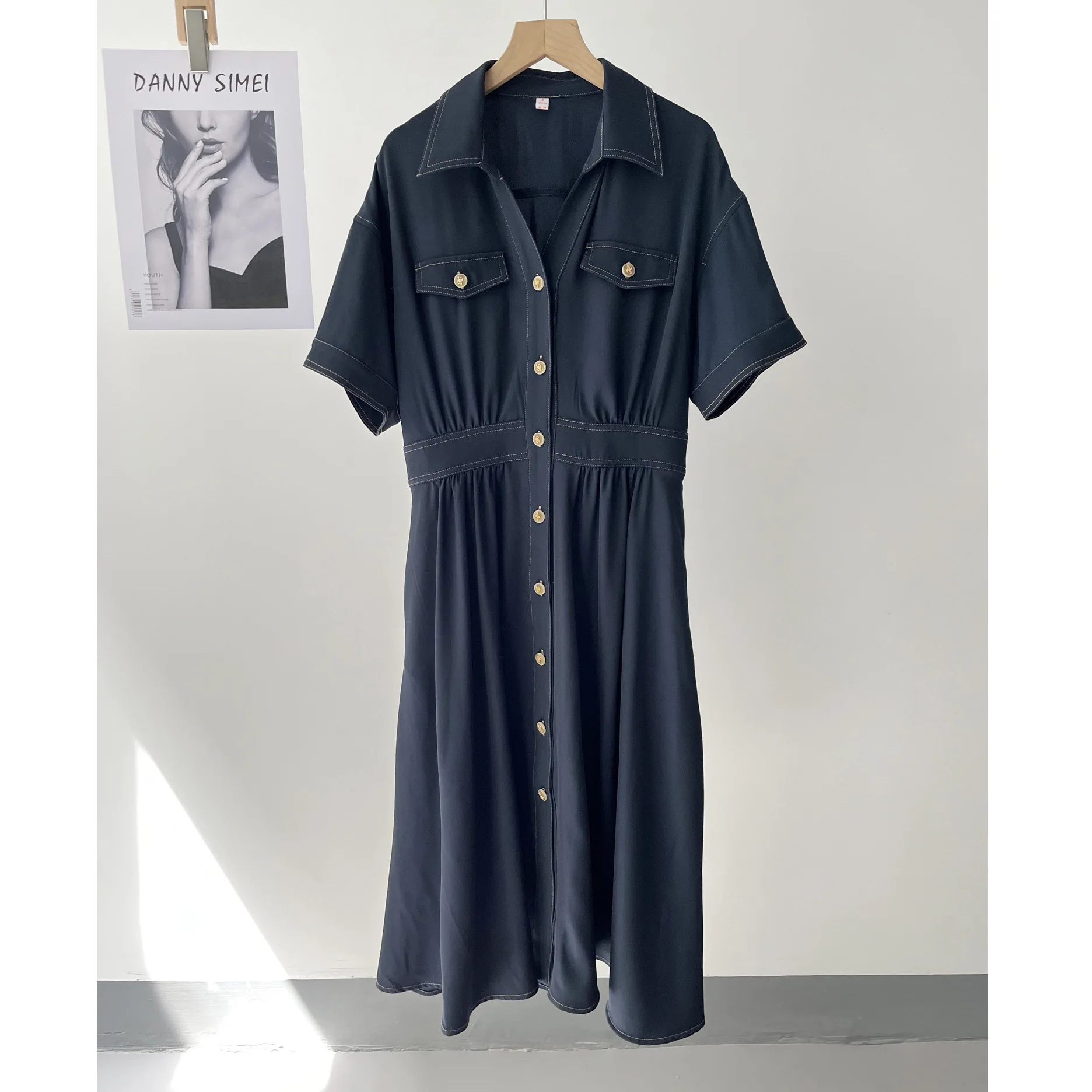 

Spring retro temperament commuter denim shirt waist dress women's medium and long 51c-0494