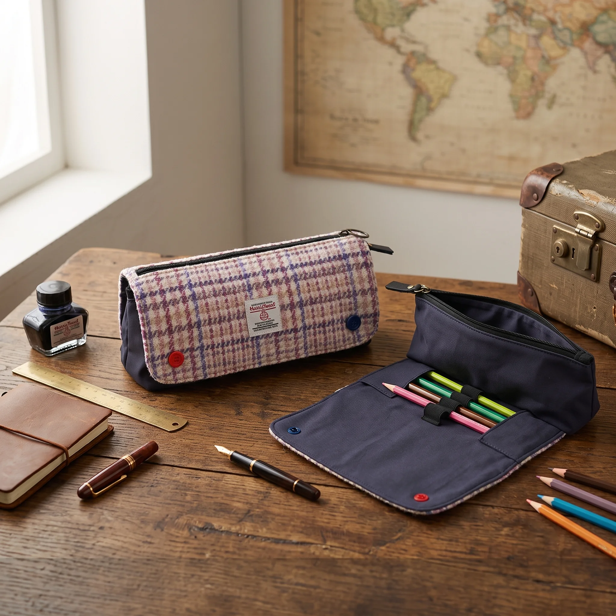 Layered Harris Tweed Pencil Case With Roll-up Pen Pouch, Portable Travel Organizer  Size 21x6.5x7.5cm