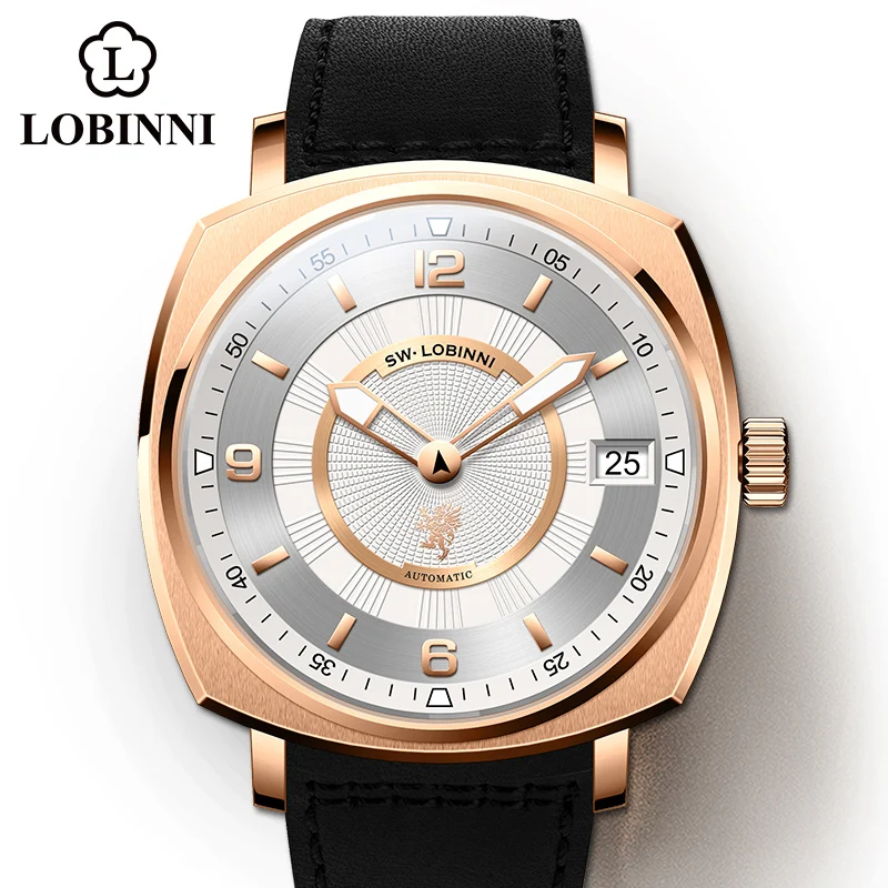 LOBINNI L16055 43MM Men's Mechanical Watch Automatic Movement Square Date Sapphire stainless steel Waterproof 50M Man Wristwatch