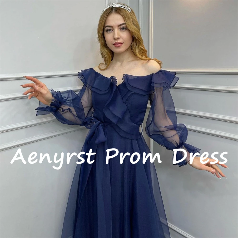 Aenyrst Off Shoulder Long Sleeves Evening Dresses A Line Ruffles Orangza V Neck Belt Prom Gowns Floor Length Dinner Party Dress