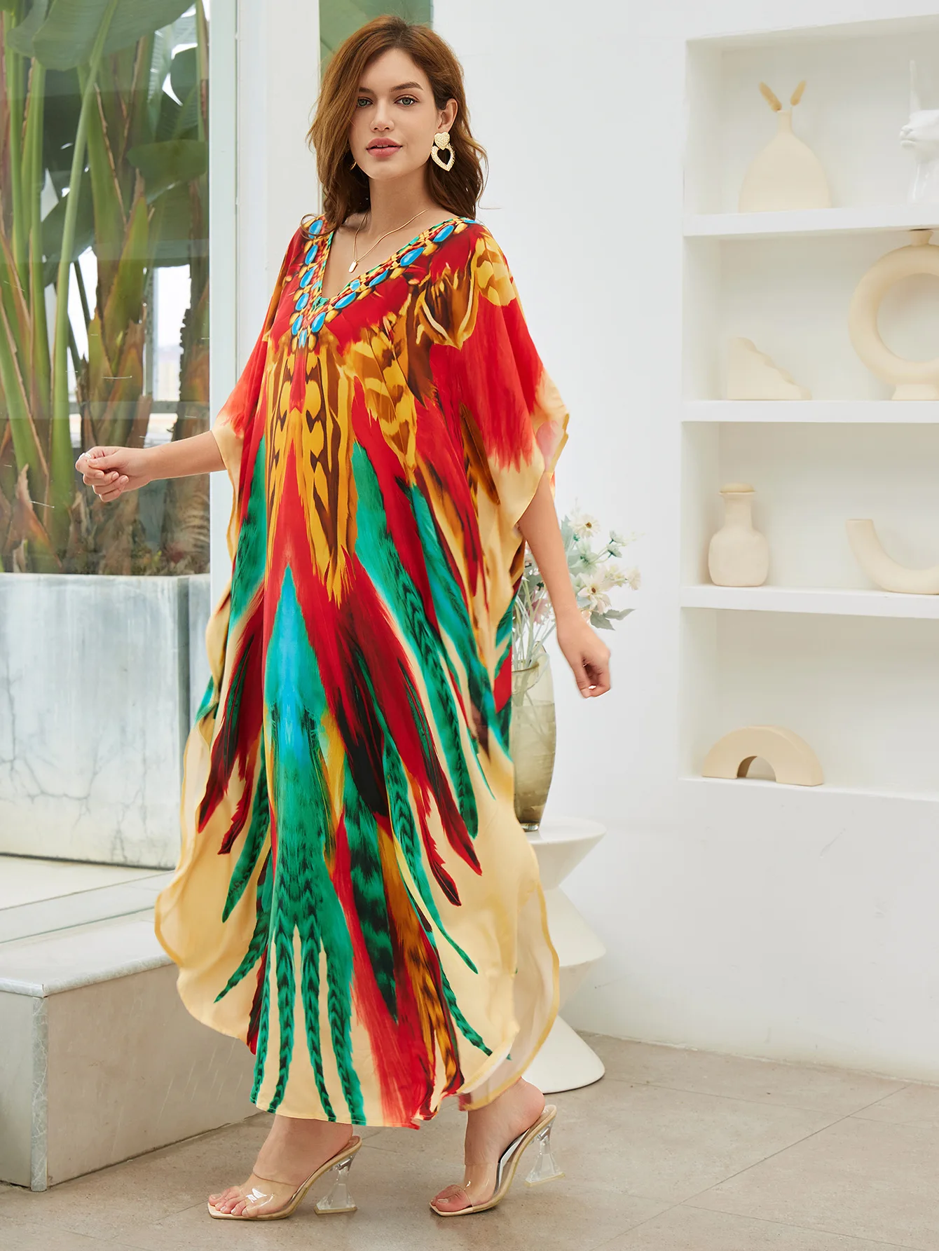 Kaftans for Women Butterfly Printed Maxi Dresses Summer Holiday Cover Ups for Swimwear Dropshipping Wholesale Factory Supply