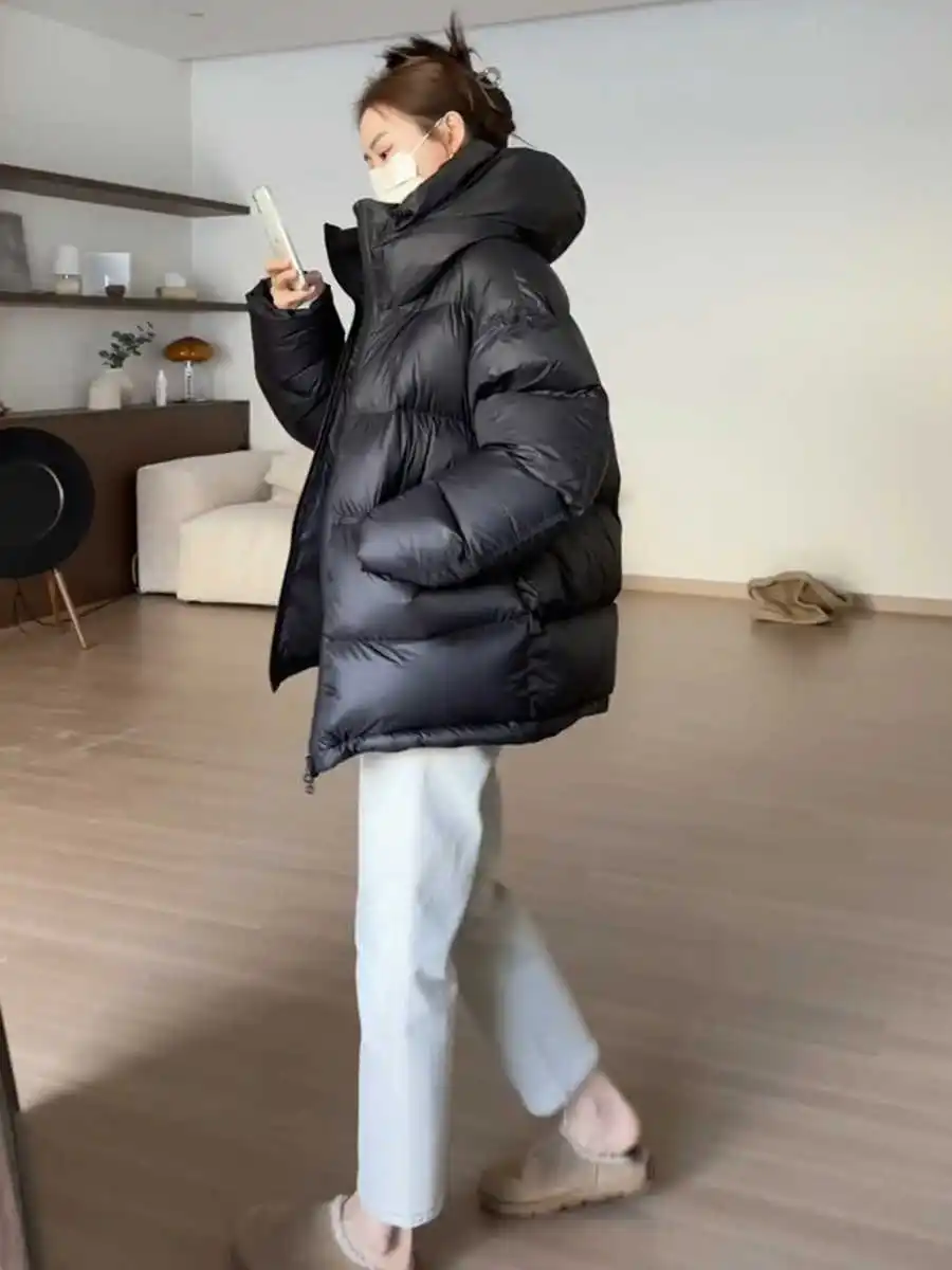 

Korean Style Casual Fashion Hooded down Jacket Women's Winter New Loose Thick White Duck Feather Bread Coat Outerwear