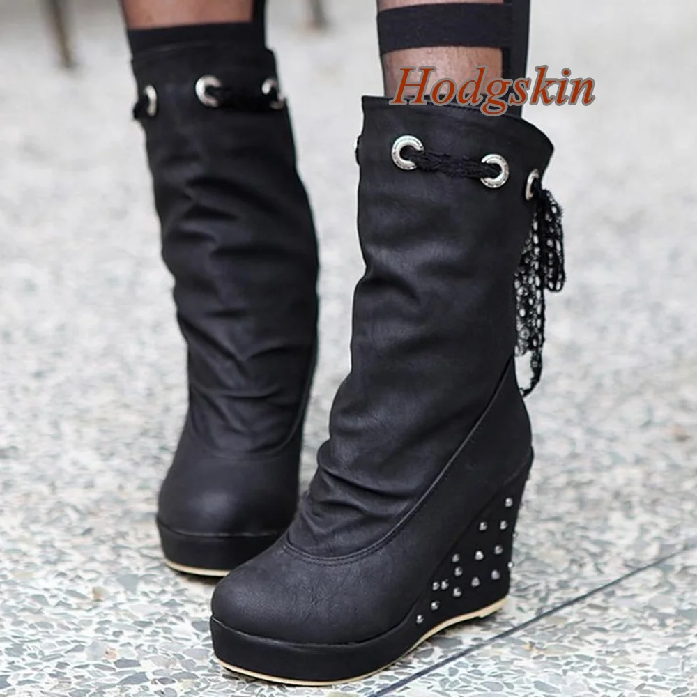 

Rhinestone Wedges High Heel Boots Side Zipper Round Toe Solid Lace Up Women Pumps Fashion Casual Autumn/winter 2025 Newest Boots